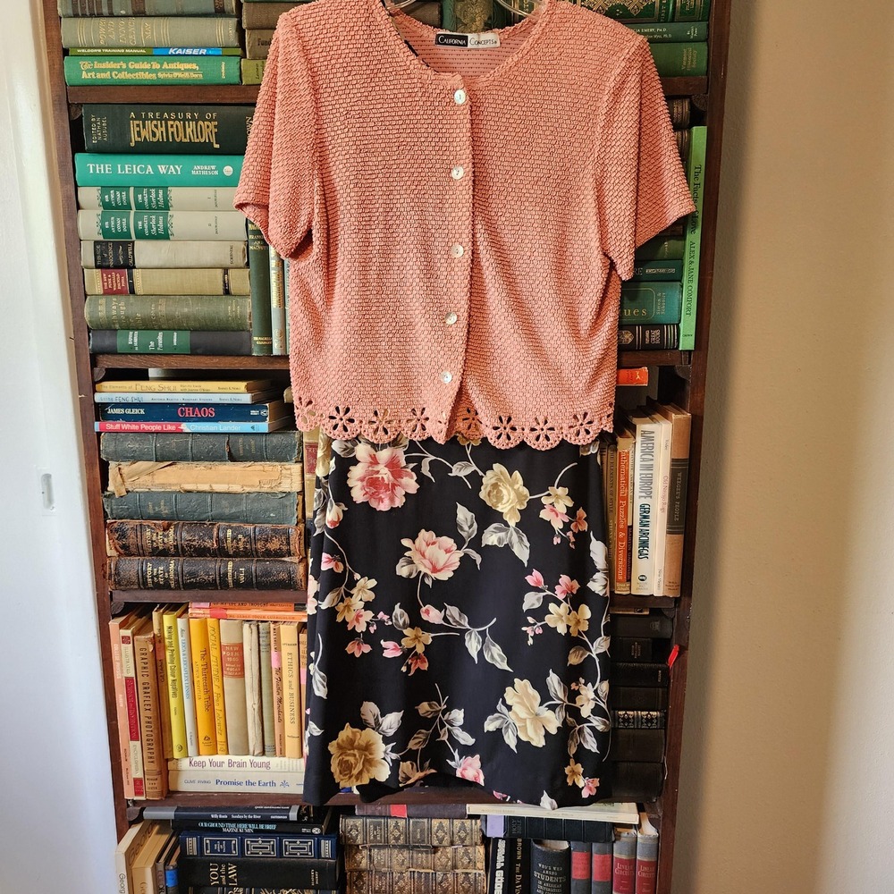 California Concepts Vintage 90s Black‎ Floral Dress Pink Cardigan Set Large L